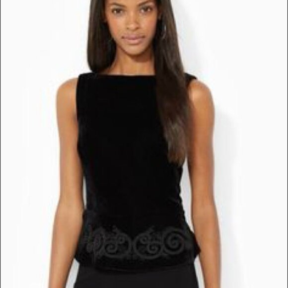 NWT Lauren Ralph Lauren Sleeveless Black Embroidered Velvet Blouse Top Size 16 - Picture 1 of 6